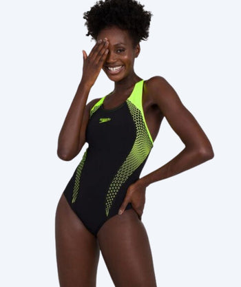 Speedo dames badpak - Placement Laneback - Zwart/geel