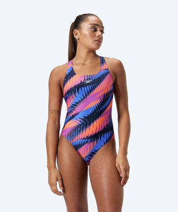 Speedo dames badpak - Allover Digital Powerback - Blauw/oranje