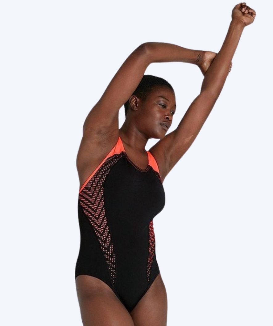 Speedo dames badpak - Placement Laneback - Zwart/oranje