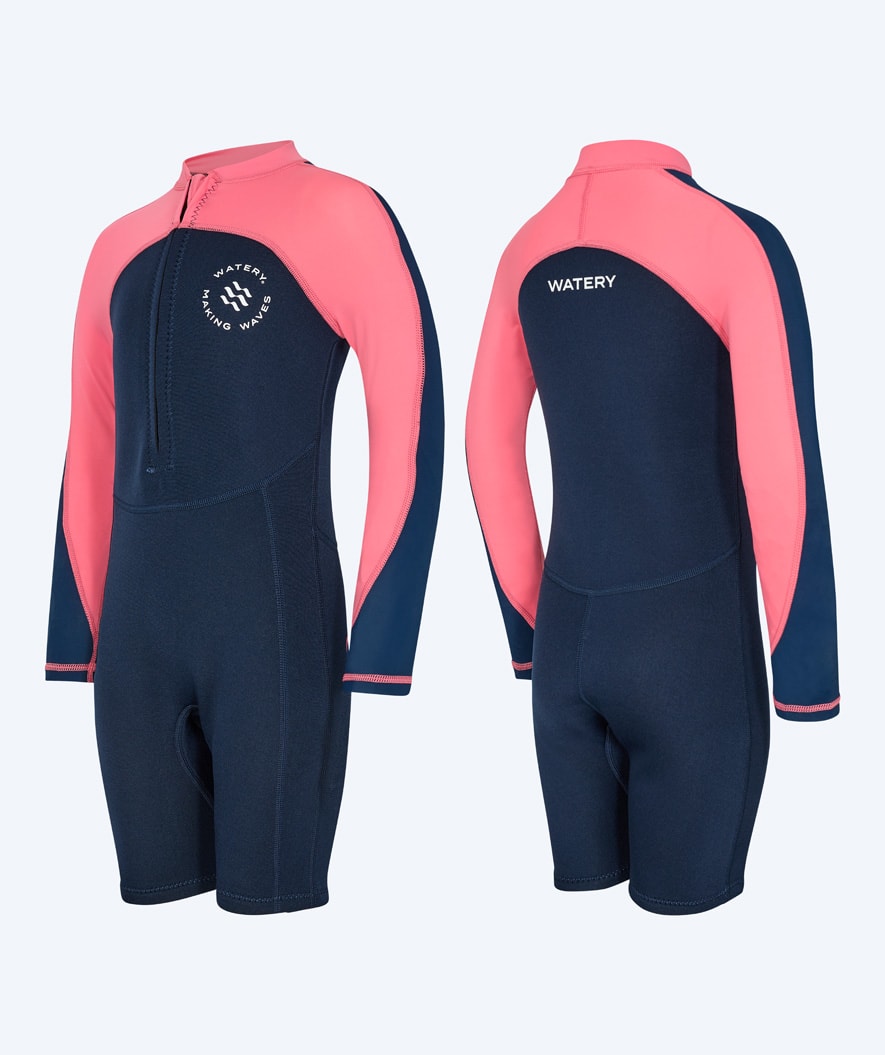 Watery kind wetsuit - Calypso Lange Mouwen - Koraal/donkerblauw